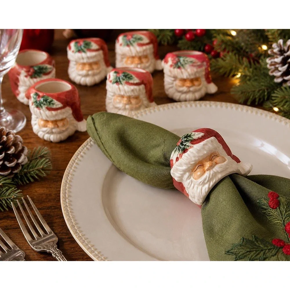 Vintage Ceramic Santa Head Napkin Rings Set of 6 Christmas Holiday Table